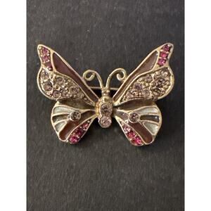 VTG Liz Claiborne LC Butterfly Brooch Pink Enamel Rhinestone Gold Tone Signed